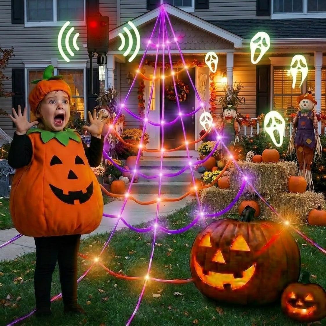 Halloween lighted spider web with 150 LED lights, motion activated outdoor decor