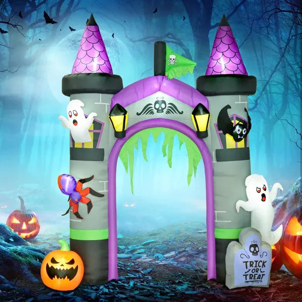 Inflatable Halloween archway with ghost, pumpkin, spider and bats, LED lighted