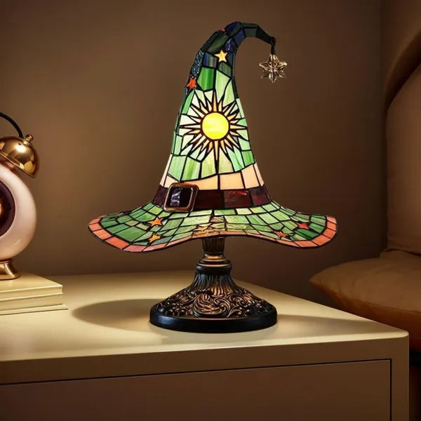 Stained glass witch hat lamp, gothic Halloween table lamp