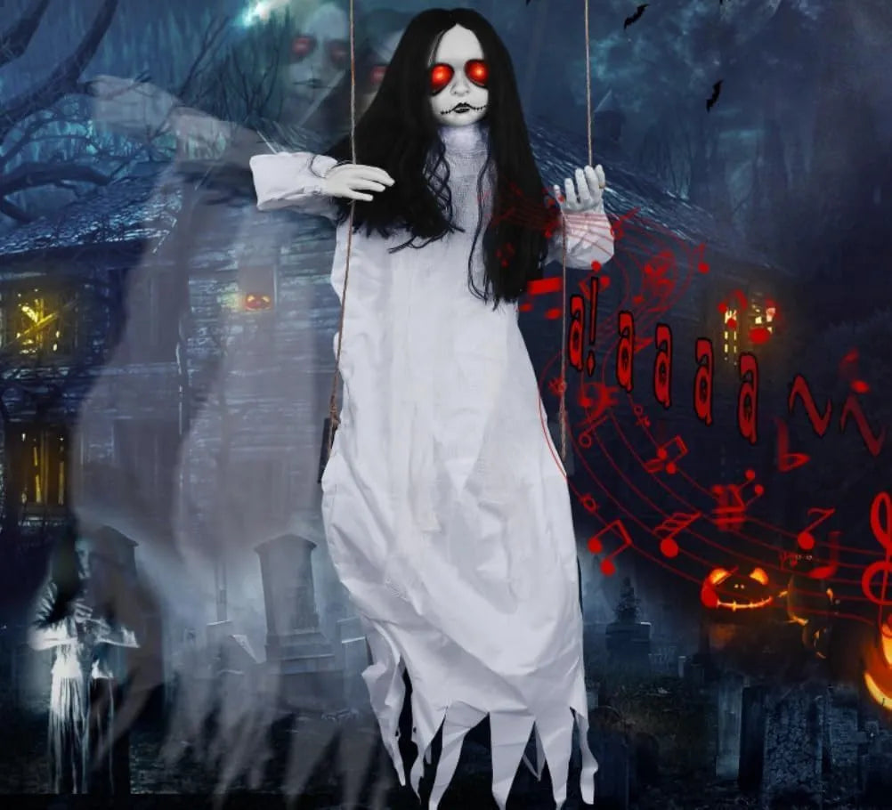 Scary hanging doll Halloween decoration with sound and light-up eyes