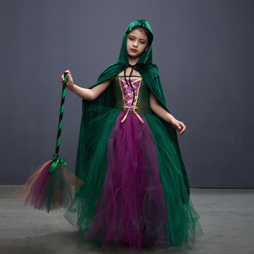 Kids witch Halloween costume with cloak and broom