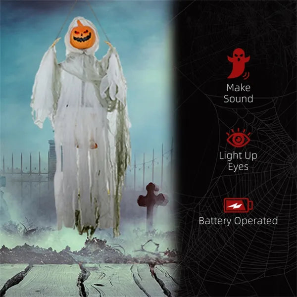 Sound-activated pumpkin ghost Halloween decoration with glowing red eyes