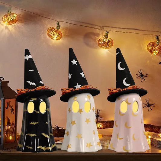 Set of 3 ceramic ghost figurines with witch hats, Halloween mantel decor