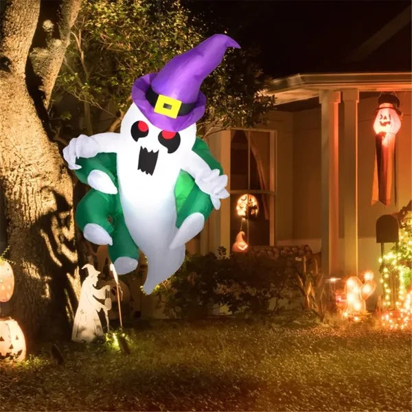 Inflatable Halloween window ghost with purple hat and LED lights