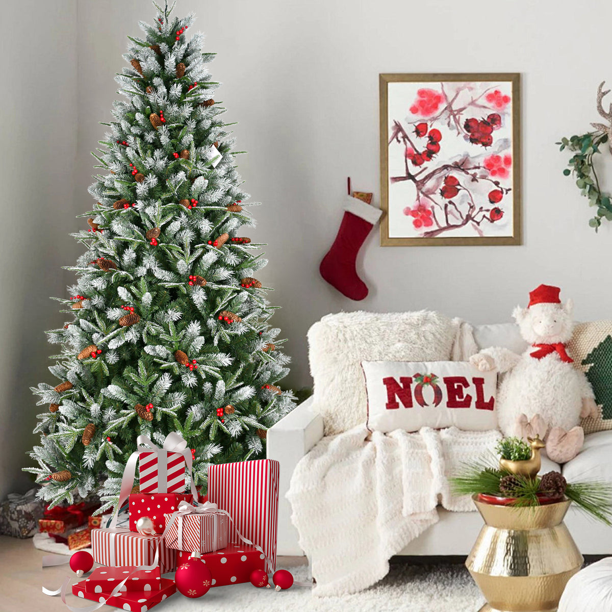 Artificial Christmas tree with red berries and pine cones, 4-9 ft