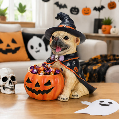 Halloween Frenchie witch dog figurine holding pumpkin candy bowl decoration