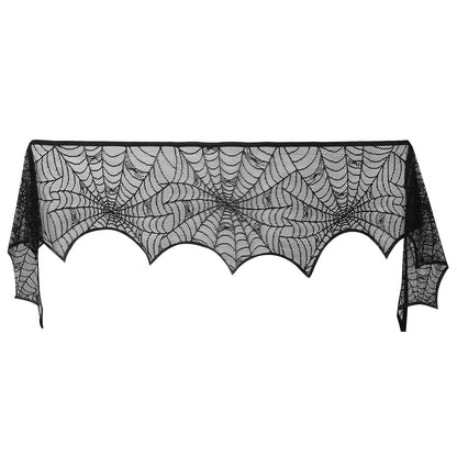 Black lace spiderweb Halloween fireplace mantel scarf, 96 x 18 inch